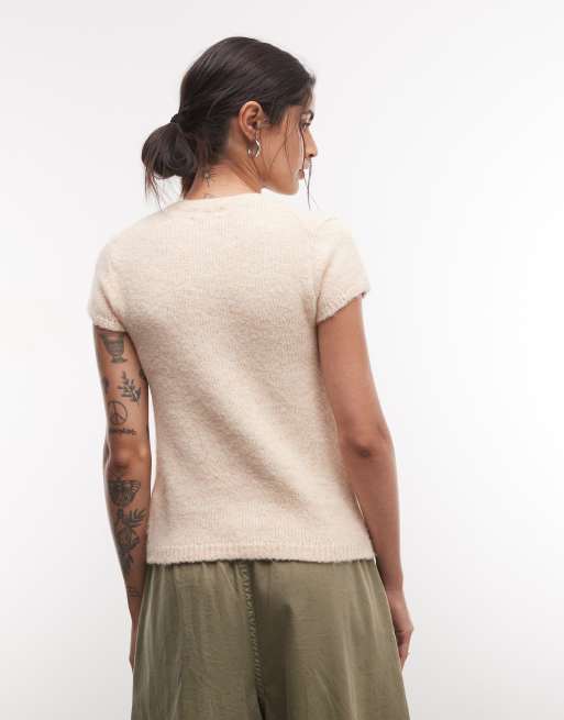 Monki gebreide cardigan top met korte mouwen in beige, 4 van 4