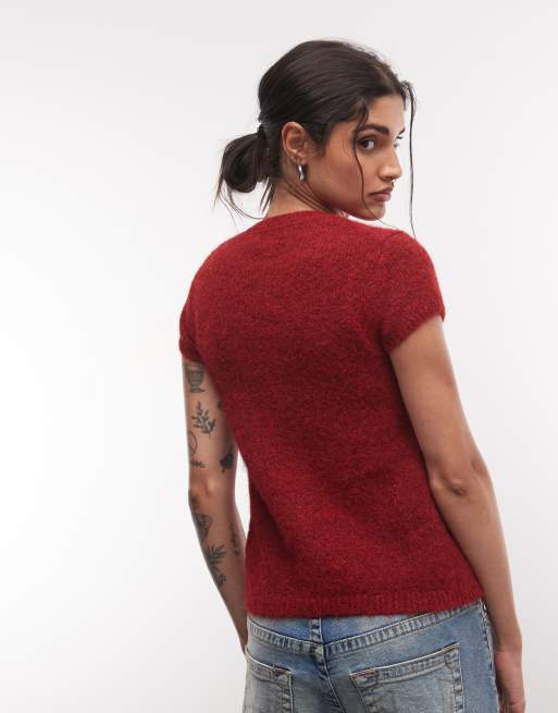 Monki gebreide cardigan top met korte mouwen in bordeauxrood, 4 van 4