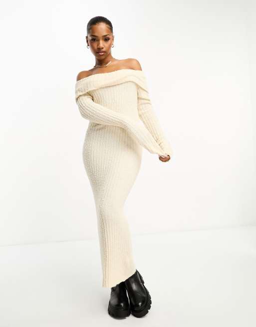 Monki - Gebreide midi-jurk met geribbelde textuur en blote schouders in zacht wit, 4 van 4