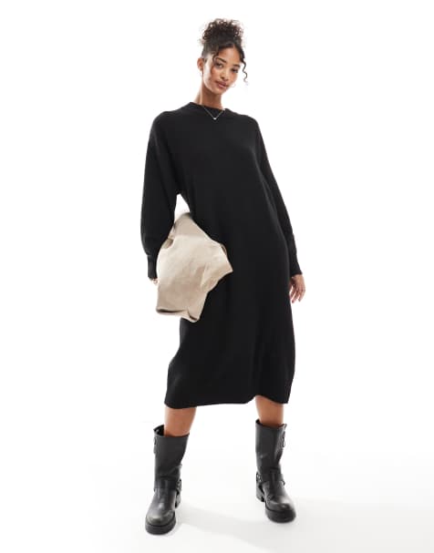 Monki - Gebreide midi jurk met lange mouwen in zwart - view 1