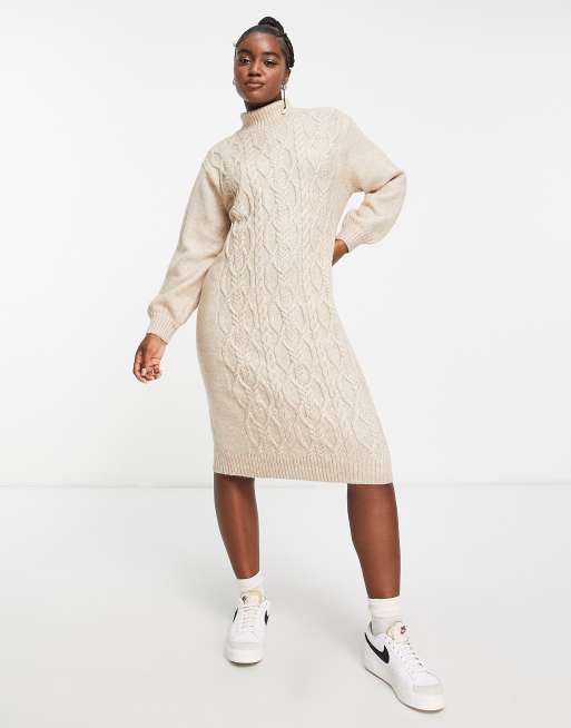 Monki - Gebreide mini jurk met col en kabels in beige | ASOS