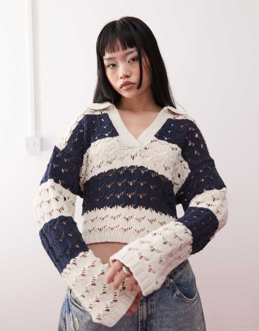 Monki - Gebreide polo met open steken in zwart en beige 