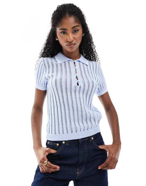 Monki - Gebreide polotop met opengewerkt detail in blauw - view 1