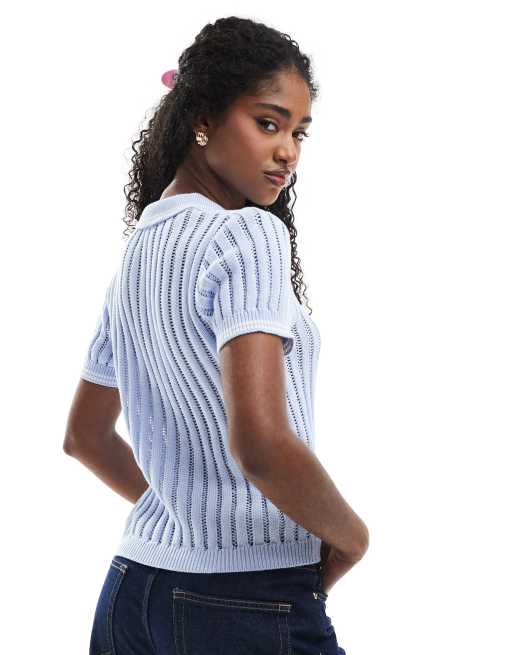 Monki - Gebreide polotop met opengewerkt detail in blauw, 4 van 4
