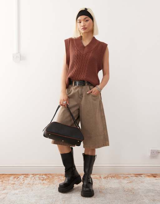 Monki - Gebreide spencer in collegestijl in chocoladebruin, 2 van 4