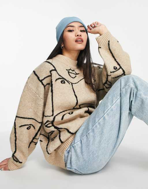 Monki - Gebreide sweater met jacquard gezichtenprint in beige