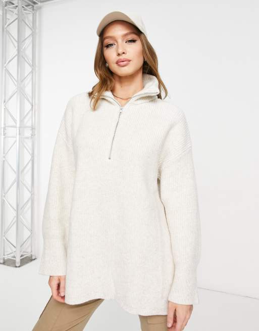 Monki - Gebreide sweater met rits aan de voorkant in gemêleerd gebroken wit 