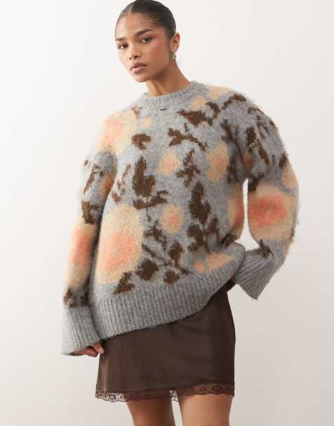 Monki - Gebreide trui van jacquard met bloemenpatroon in grijs - view 1