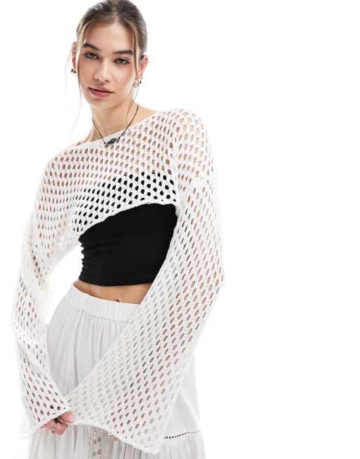 Monki - Gehaakte bolero met lange mouwen in gebroken wit, 2 van 4