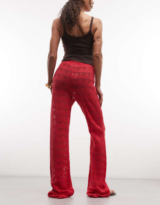 Monki - Gehaakte broek met wijde pijpen in rood, 5 van 5