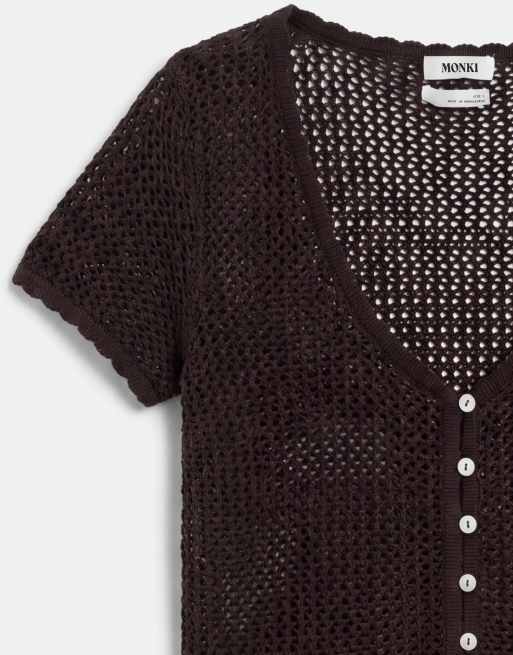 Monki gehaakte gebreide top met korte mouwen als co-ord in chocoladebruin, 7 van 7