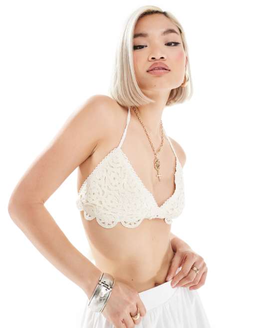 Monki - Gehaakte top met striksluiting in gebroken wit
