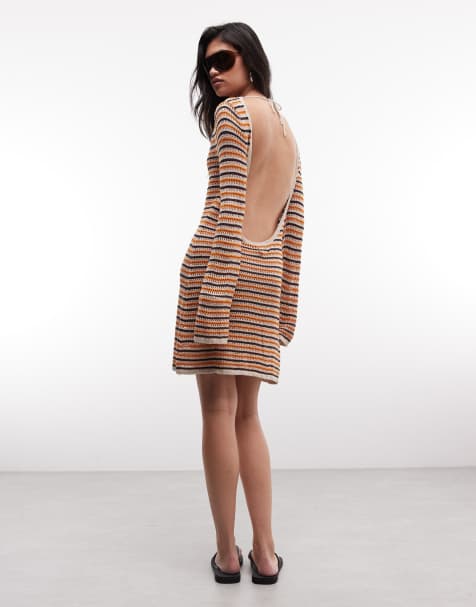 Monki gehäkeltes Minikleid mit orangefarbenen Streifen in mehreren Farben - view 1