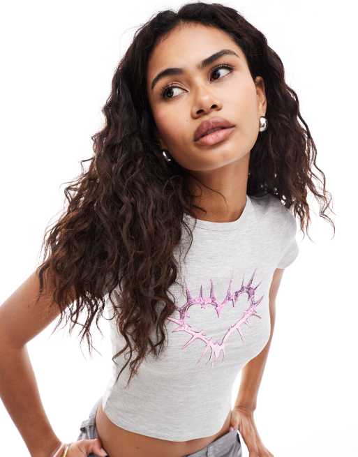 Monki - Gekrompen T-shirt met hart met punten in gemêleerd grijs