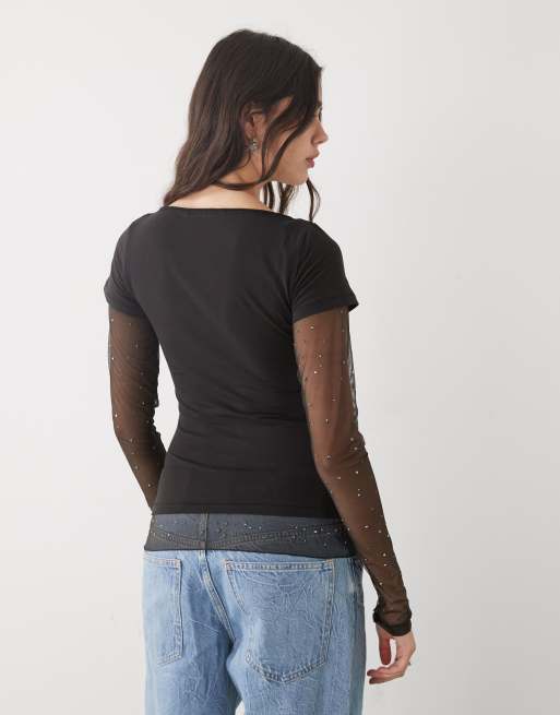 Monki - Gelaagde top met mouwen met siersteentjes in zwart, 4 van 4