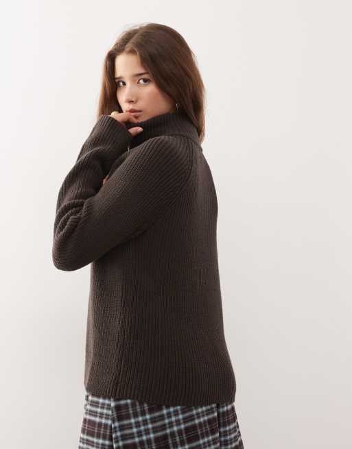Monki - Geribbeld gebreid vest met dubbelzijdige rits in bruin, 2 van 4