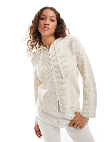 Monki - Geribbeld gebreid vest met ritssluiting en capuchon in lichtbeige - view 1