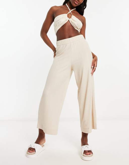 Monki - Geribbelde cropped broek met wijde pijpen in beige, 2 van 4
