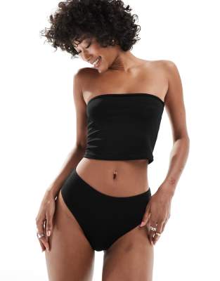 Monki - Geribbelde string met hoge taille in zwart