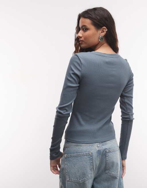 Monki geribbelde top met lange mouwen in petrol, 4 van 4