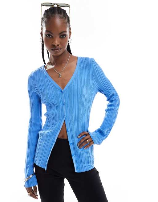 Monki – Gerippte Longline-Strickjacke in Blau