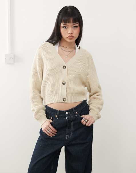 Monki – Gerippte Strickjacke in meliertem Grau mit Zopfmuster - view 1