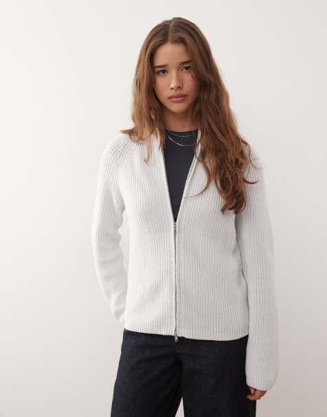 Monki – Gerippte Strickjacke in zartem Grau mit Zwei-Wege-Reißverschluss - view 1