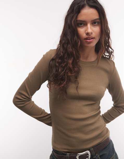 Monki geripptes Oberteil mit langen Ärmeln in Khaki - view 1