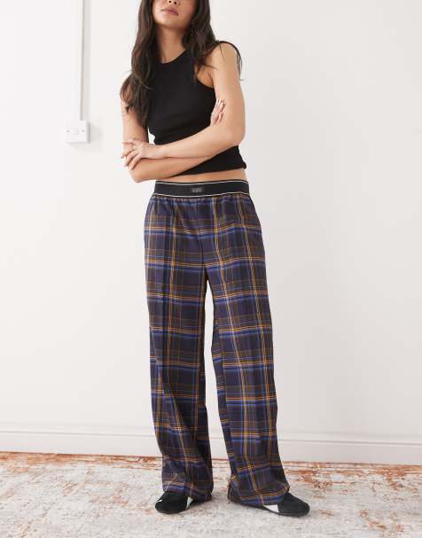 Monki - Geruite broek met wijde pijpen en boxer-tailleband in blauw - view 1
