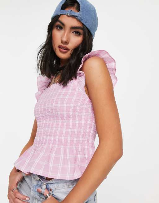 Monki - Geruite top met peplum in roze