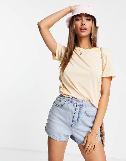 Monki - Gestreept T-shirt in geel en roze