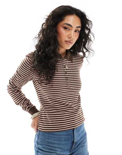 Monki - Gestreepte piqué polo met lange mouwen in roze en chocoladebruin - view 1
