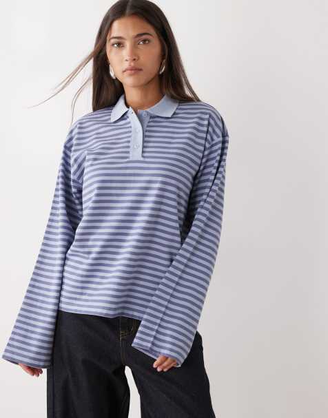 Monki - Gestreepte rugbytop met lange mouwen in blauw - view 1