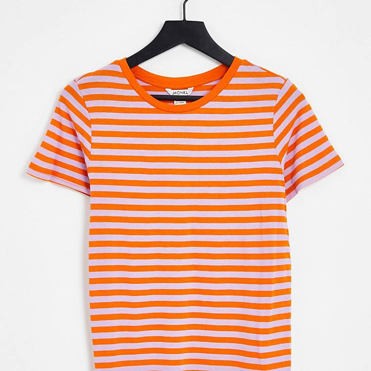 Monki – Gestreiftes, kurzärmliges T-Shirt in Lila und Orange | ASOS