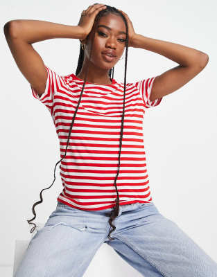 Monki – Gestreiftes, kurzärmliges T-Shirt in Rot und Weiß