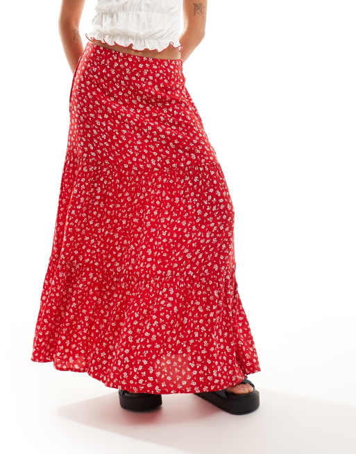 Monki – Gestufter Maxirock in Rot mit Wiesenblumenmuster, 5 von 5