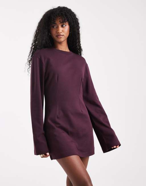 Monki - Getailleerde mini T-shirtjurk met lange mouwen in pruimpaars, 2 van 4