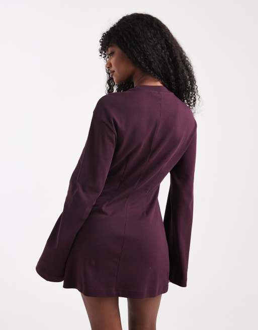 Monki - Getailleerde mini T-shirtjurk met lange mouwen in pruimpaars, 3 van 4