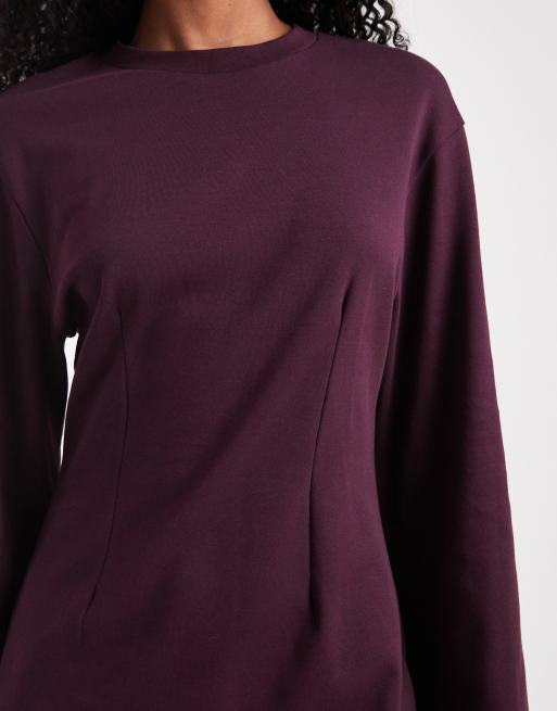 Monki - Getailleerde mini T-shirtjurk met lange mouwen in pruimpaars, 4 van 4