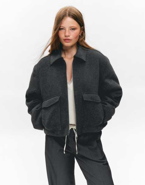 Monki - Giacca corta in misto lana grigio scuro con colletto - view 1