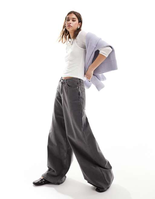 Monki Giga low waisted baggy wide fit jeans in dark grey wash