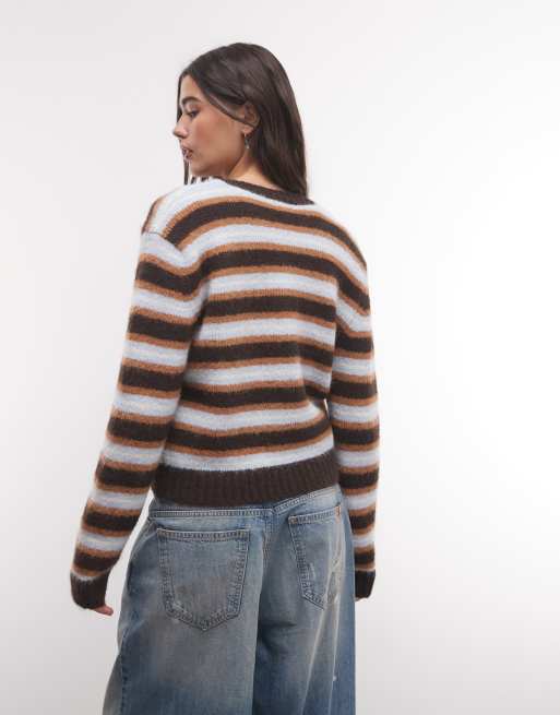 Monki gilet compact boutonné sur le devant marron foncé à rayures bleues, 4 de 4