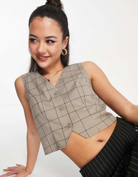 Monki - Gilet da abito sartoriale beige a quadri - view 1