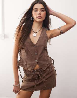Monki - Gilet de tailleur d'ensemble en denim - Marron délavé
