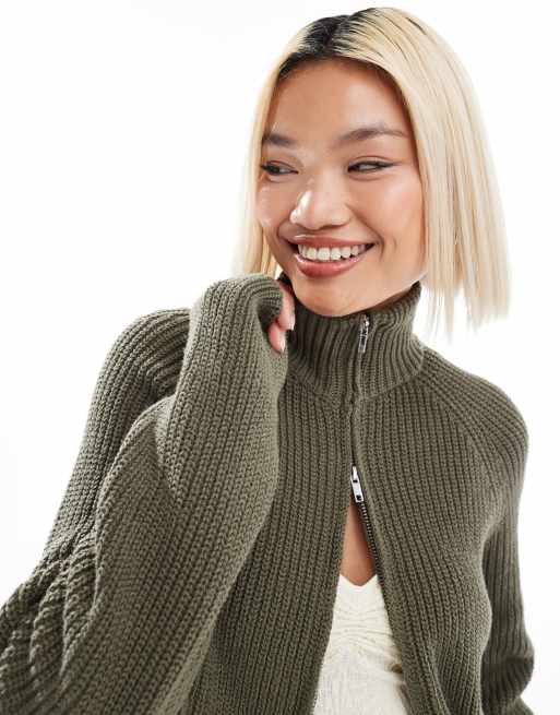 Monki ribbed knitted two way zip cardigan in dark green