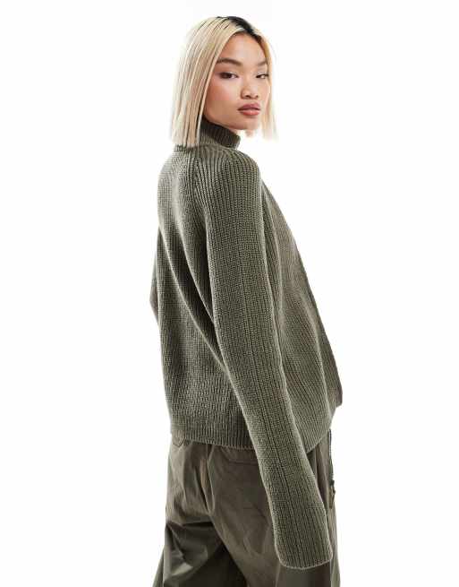 Monki ribbed knitted two way zip cardigan in dark green