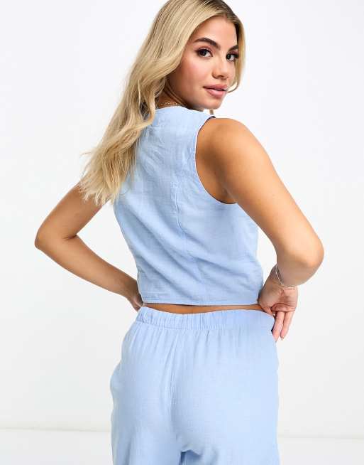 Monki - Gilet in misto lino blu in coordinato, 2 di 4