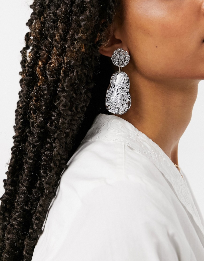 Monki glitter drop earrings in silver