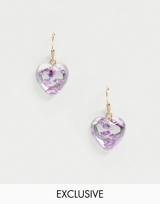 Monki glitter heart earrings in purple