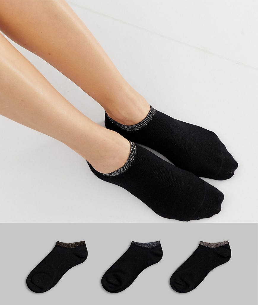 Monki glitter trim 3 pack sneaker socks in black